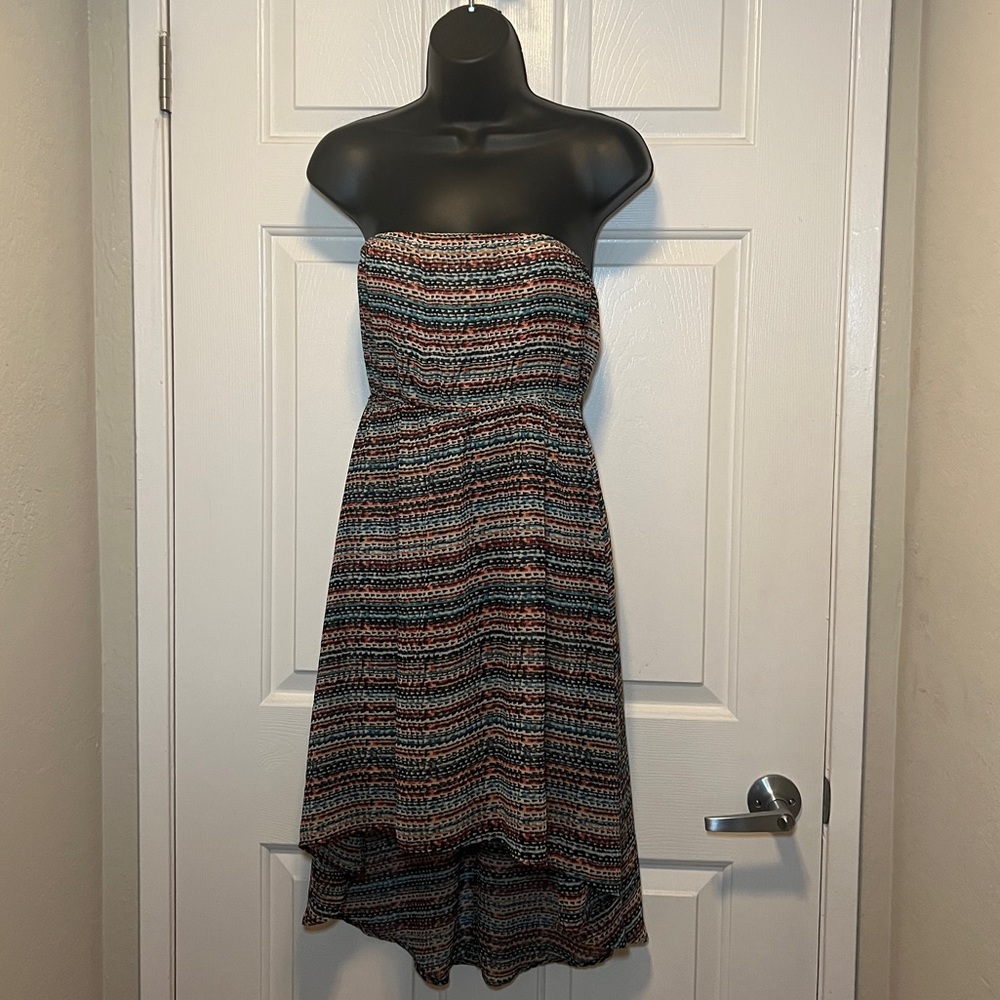 Multicolor Stripe Tropical Strapless Elastic Waist Dress Beach Bershka M